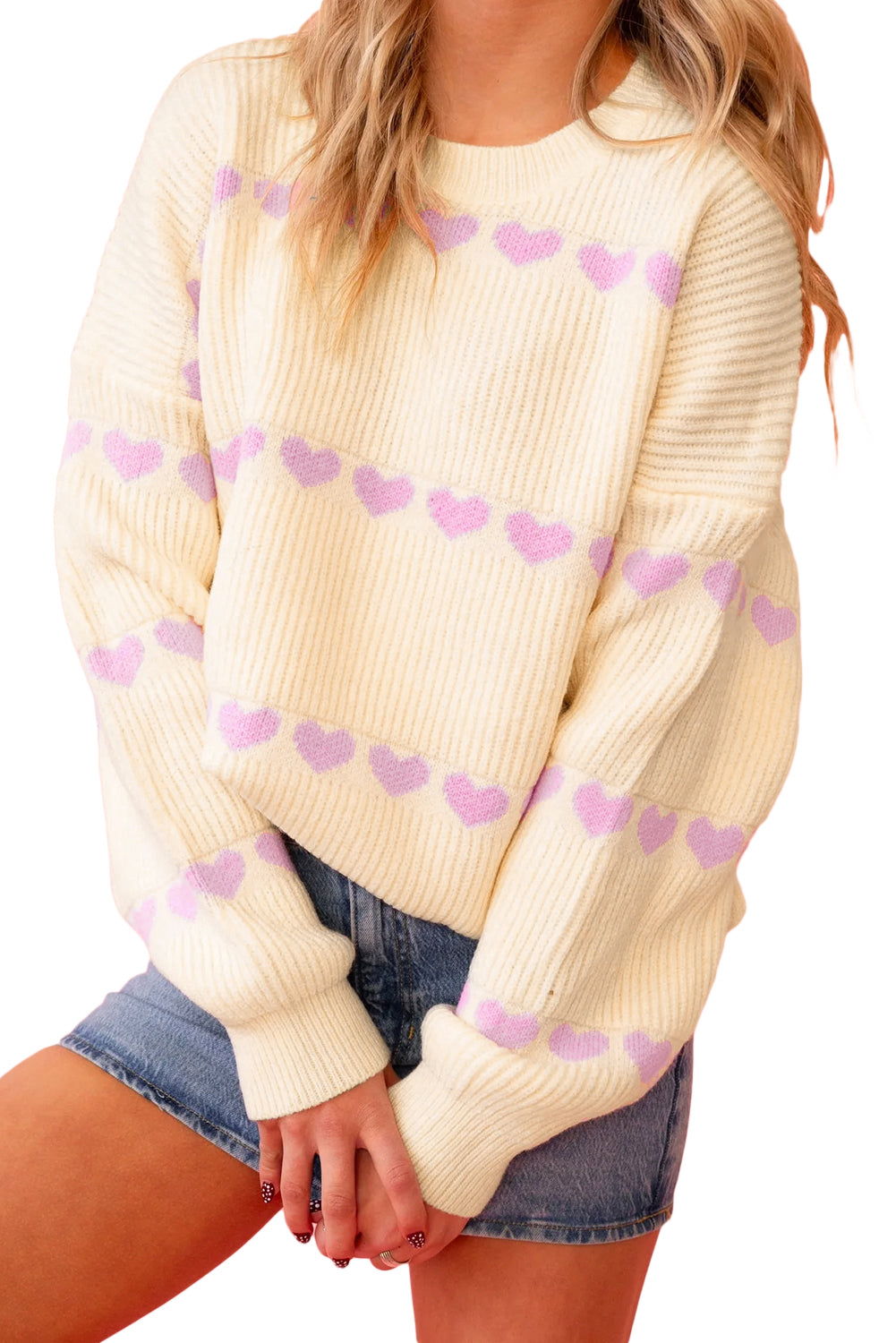 Pink Heart Pattern Ribbed Round Neck Knit Sweater