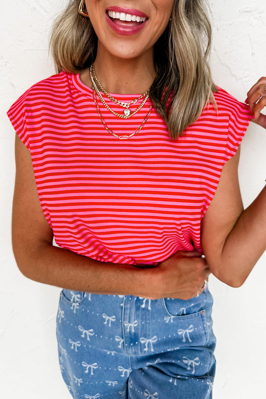Stripe Ribbed Cap Sleeve Round Neck T Shirt -2 COLOR OPTIONS
