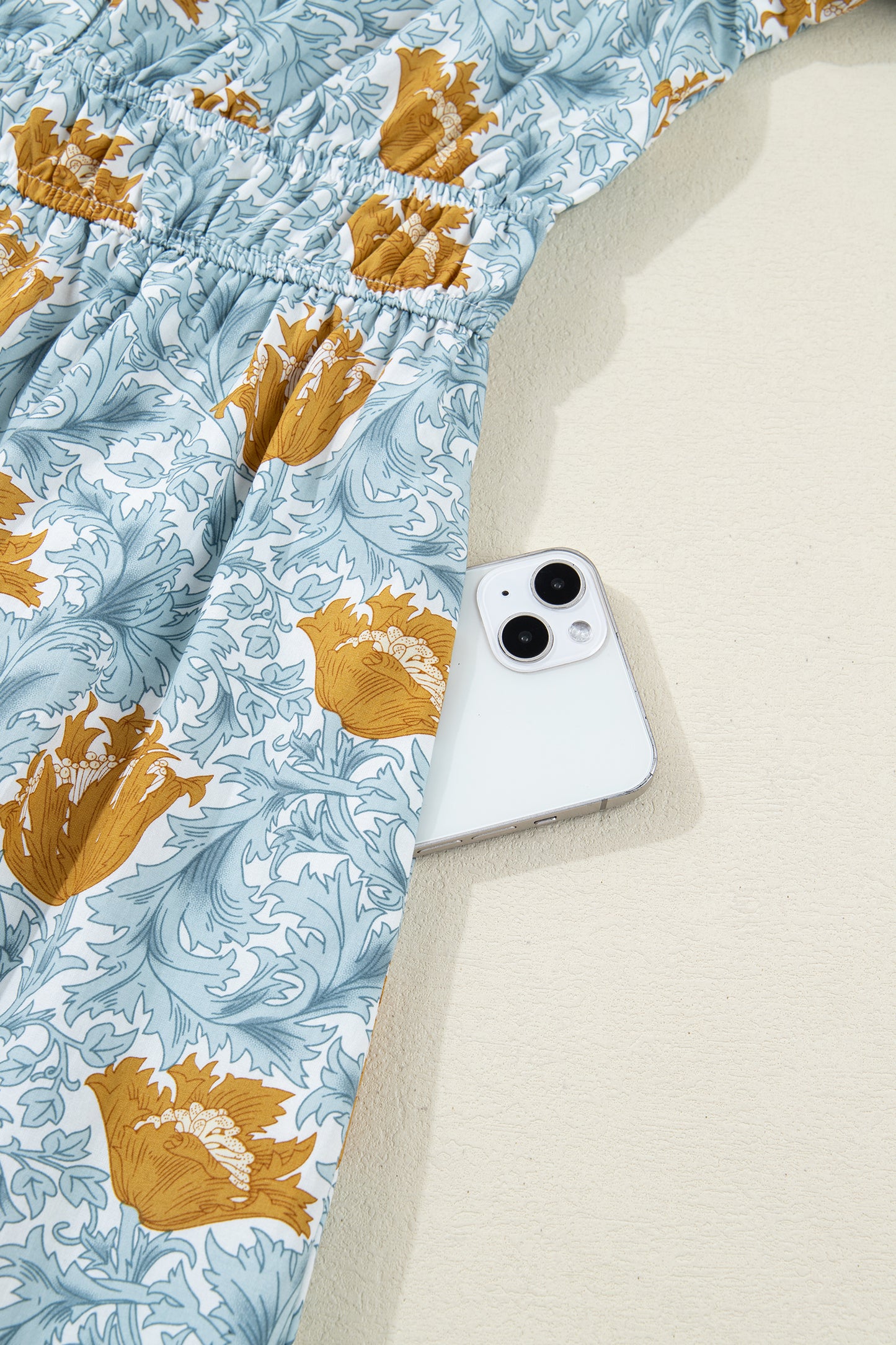 Floral Printed Frilled V Neck Bracelet Sleeve Long Dress -2 COLOR OPTIONS