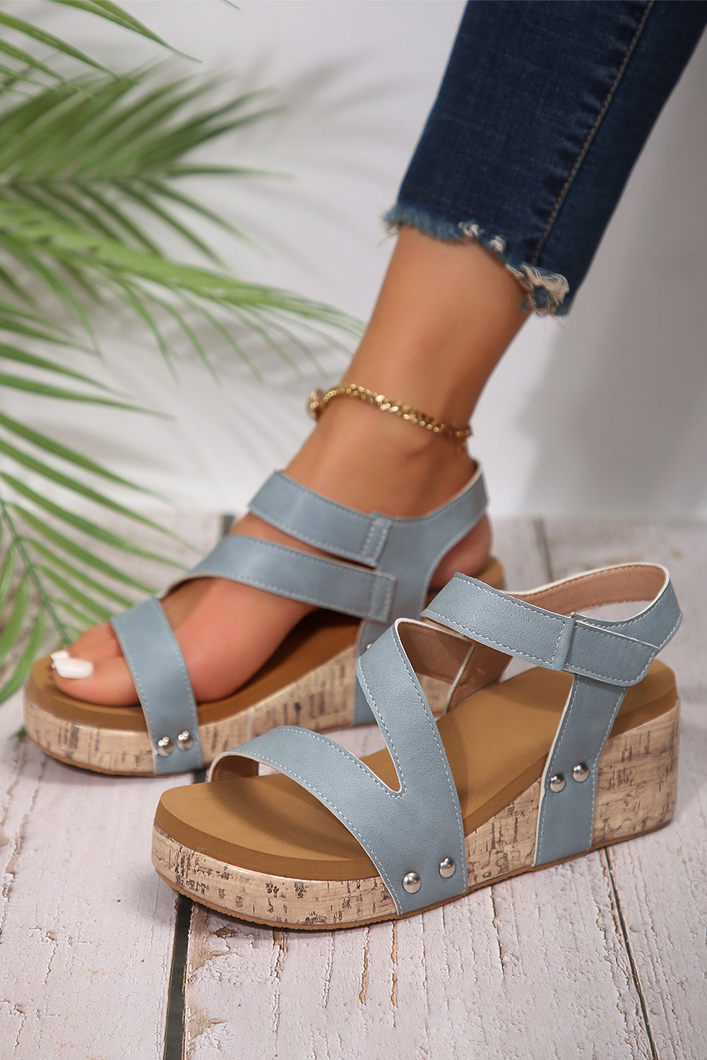Hollow Out Velcro Leather Wedge Slides Shoes- 2 COLOR OPTIONS