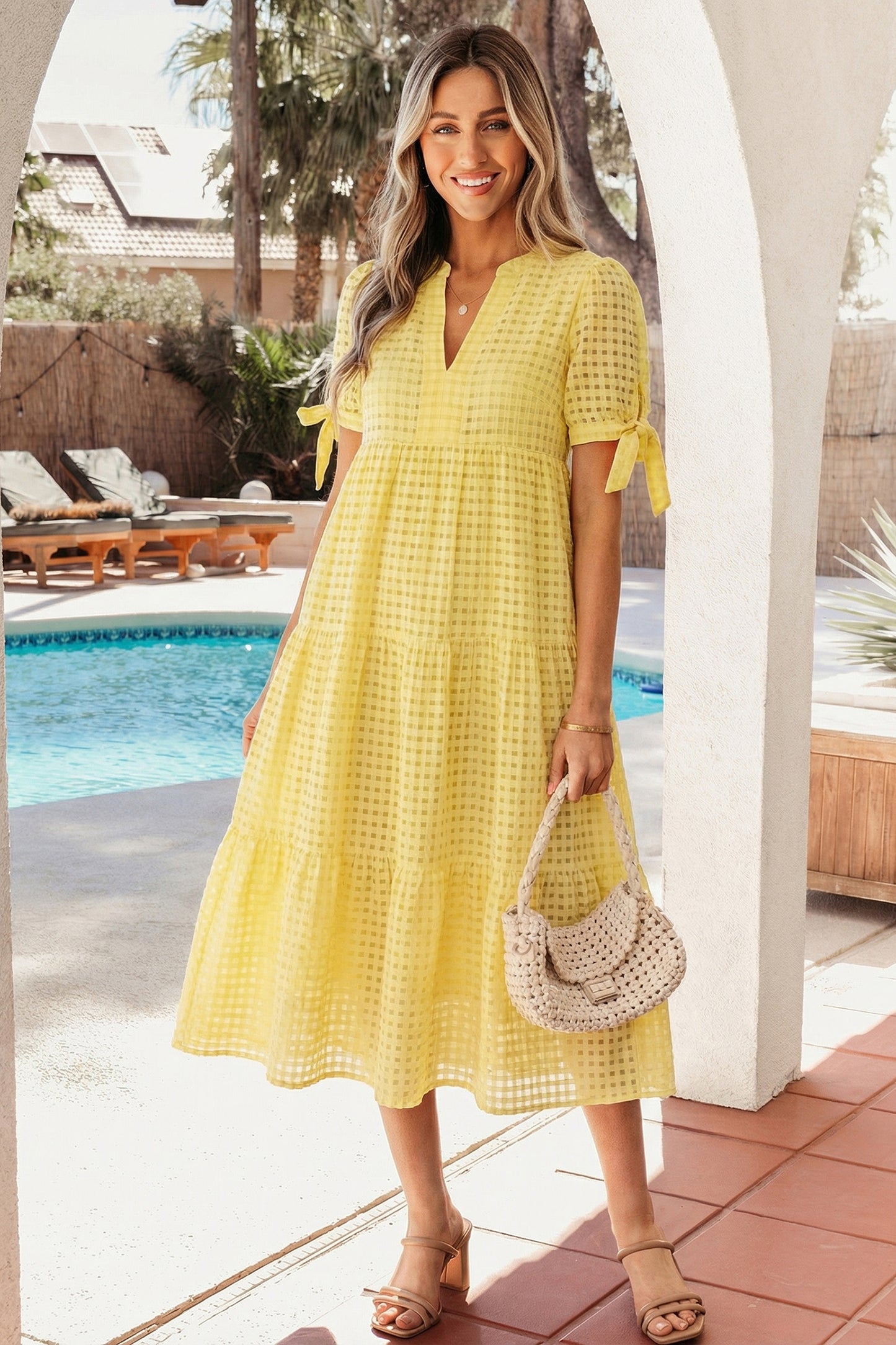 Gingham Textured Bow Tie Short Sleeve Tiered Midi Dress- 2 COLOR OPTIONS