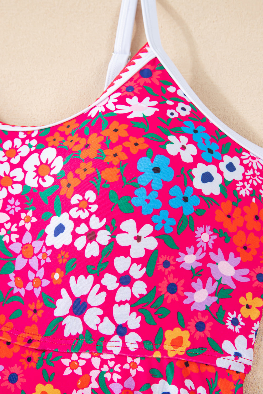 Floral Print Ricrac Trim Spaghetti Strap One Piece Swim Dress -2 COLOR OPTIONS