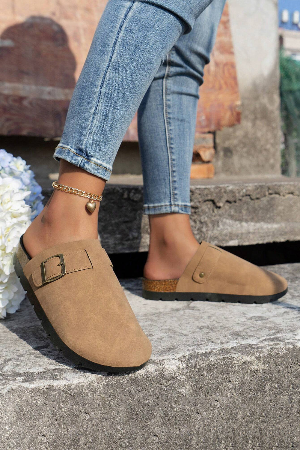 Light French Beige Faux Suede Retro Buckle Round Toe Mule Slippers