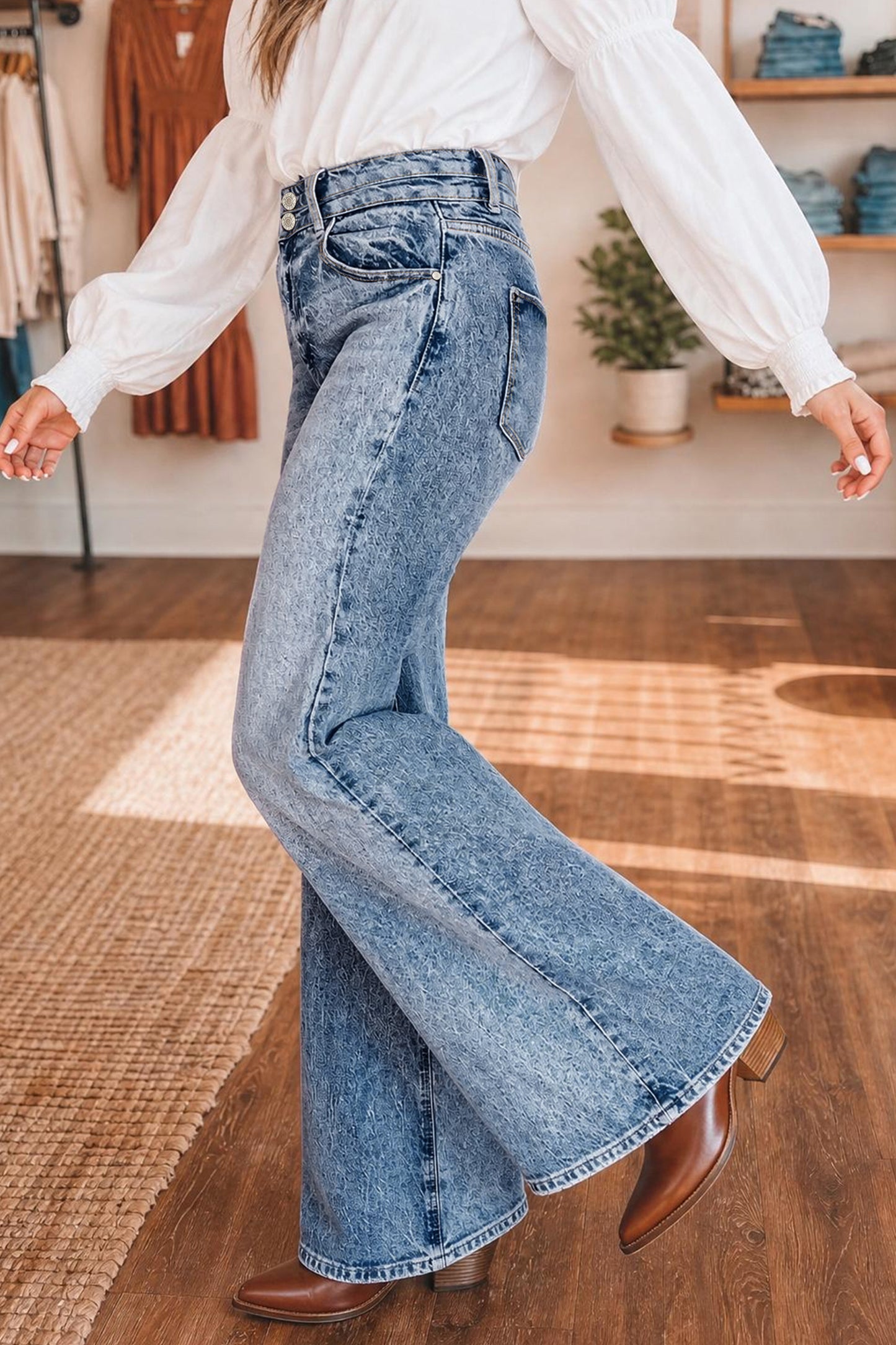 Blue Acid Wash Pocket Detail Flare Jeans -2 COLOR OPTIONS