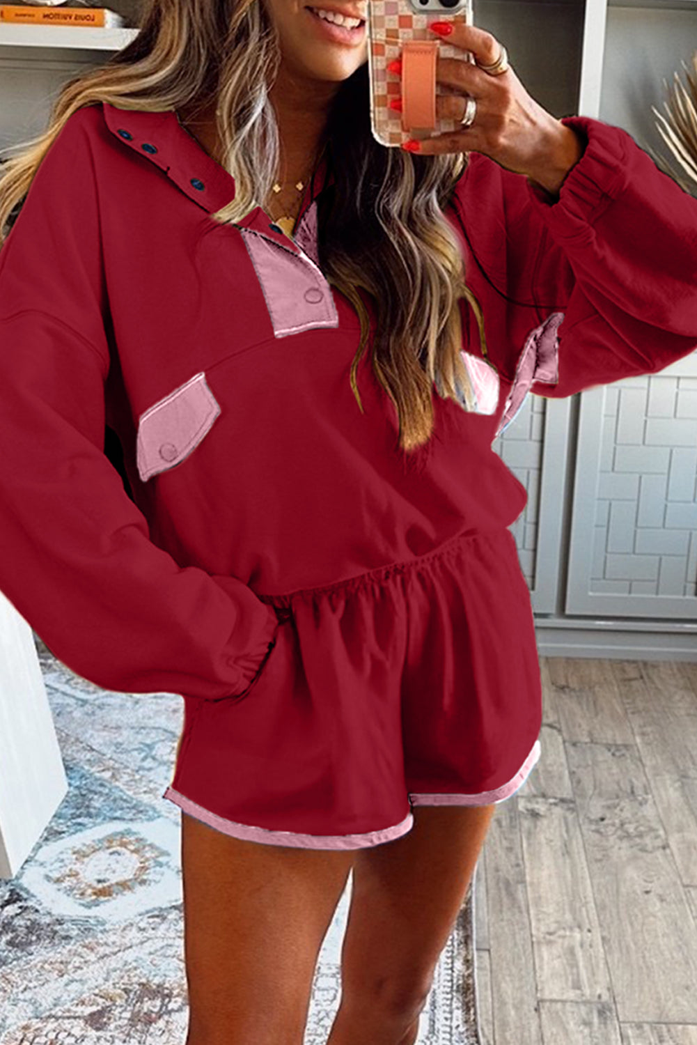 Colorblock Patchwork Half Button Pullover and Shorts Outfit- 4 COLOR OPTIONS