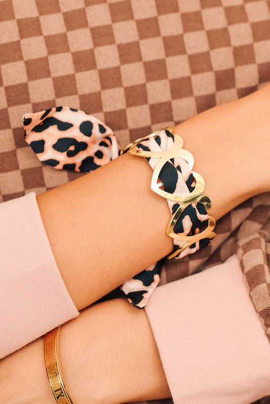 Gold Hollow Out Heart Leopard Print Ribbon Bracelet
