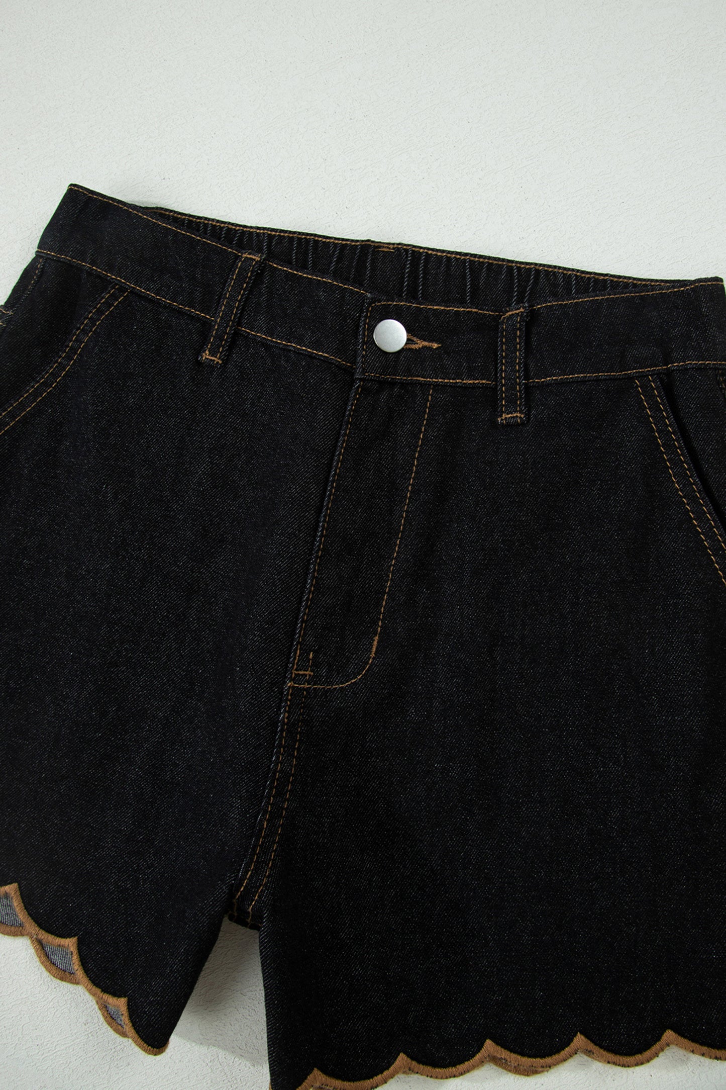 Embroidered Scalloped Trim Relaxed Denim Shorts- 2 COLOR OPTIONS