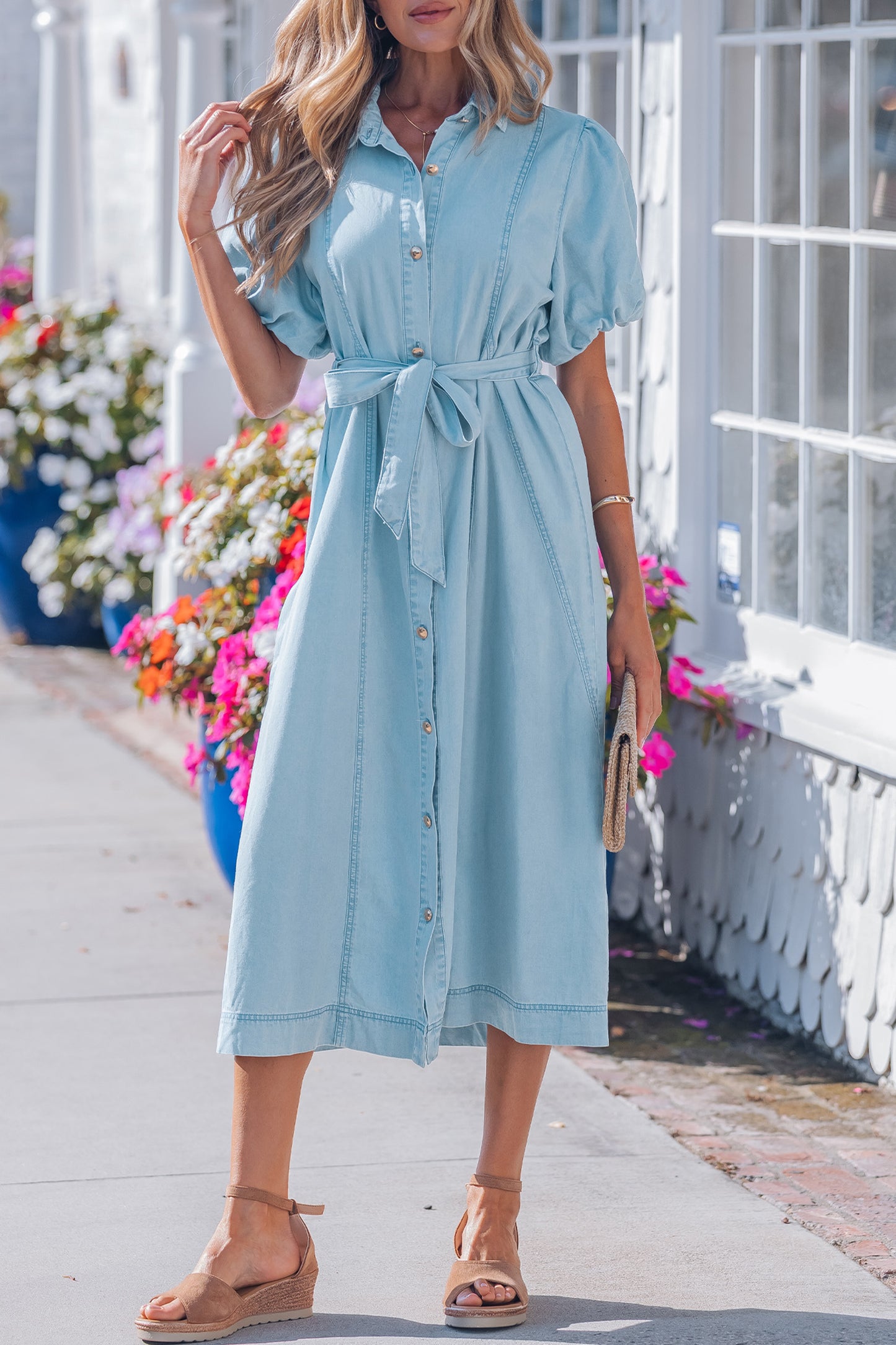 Sail Blue Full Buttons Collared Short Bubble Sleeve Long Denim Dress -2 COLOR OPTIONS