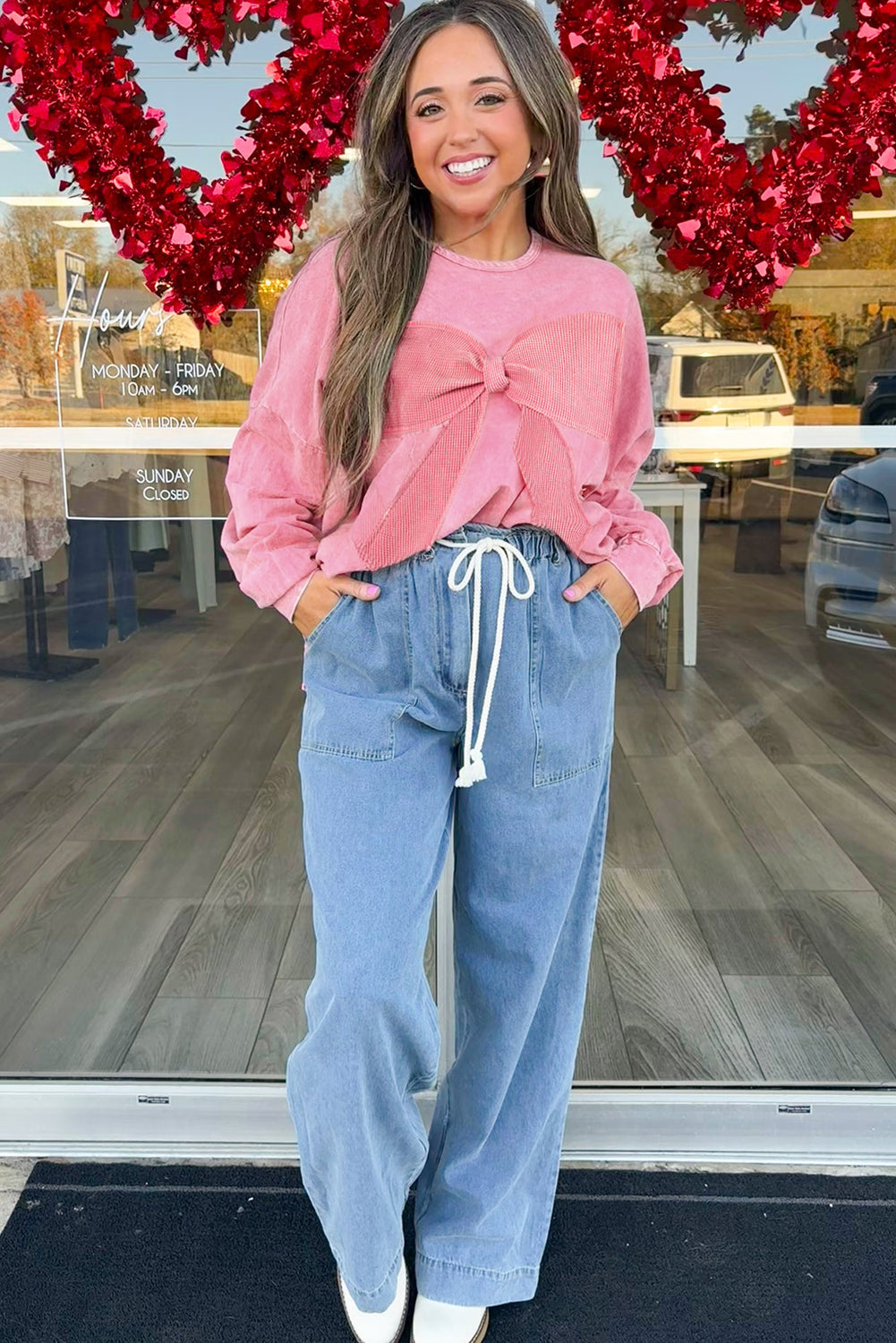 Mineral Wash Waffle Bow Patched Pullover Sweatshirt -2 COLOR OPTIONS