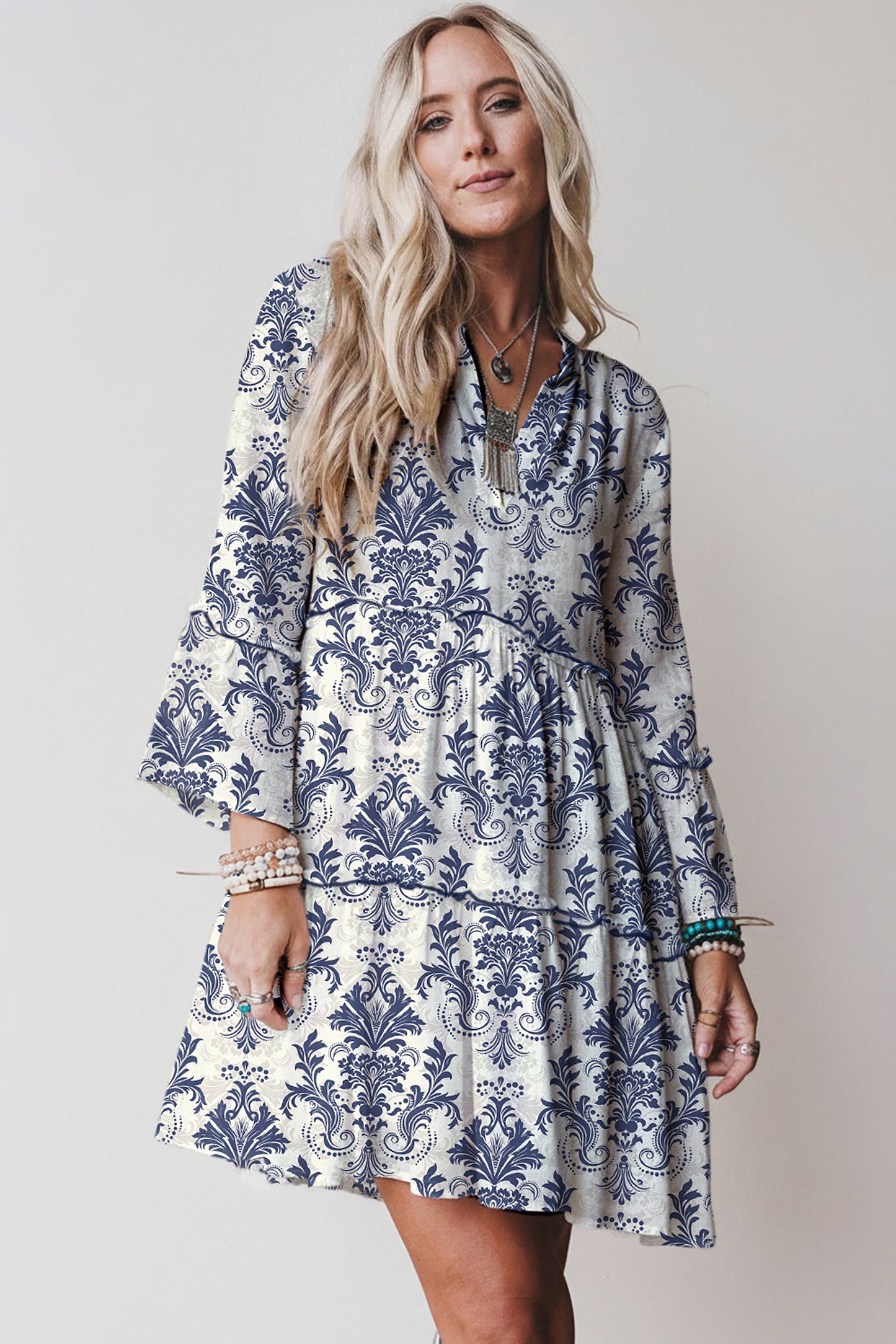 Boho Floral Print Lettuce Trim 3/4 Sleeve Mini Dress- 3 COLOR OPTIONS