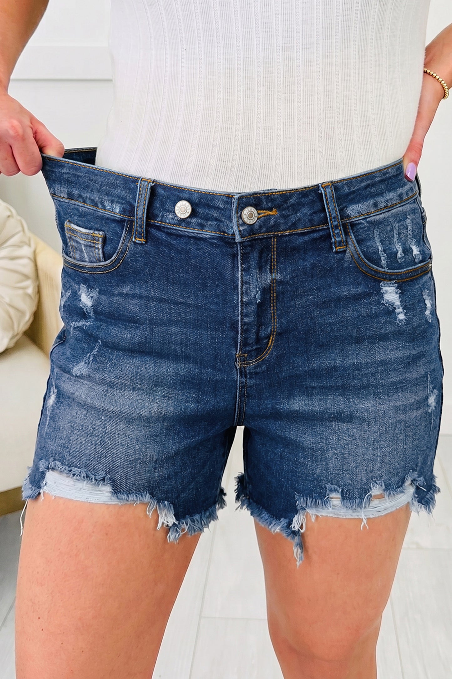 Asymmetric Raw Hem Distressed Whiskery Denim Shorts -2 COLOR OPTIONS