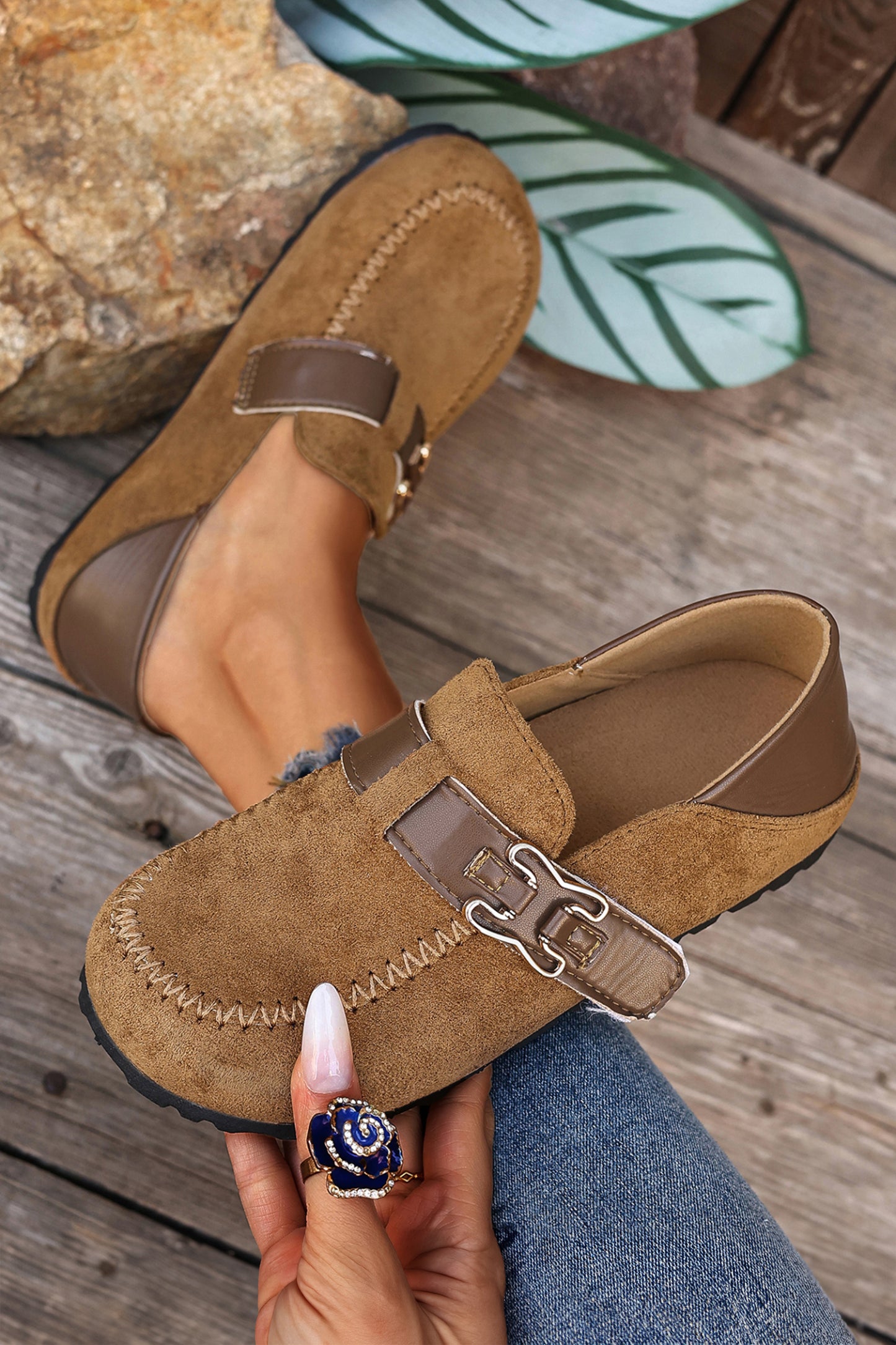 Suede PU Leather Patchwork Retro Buckle Slip On Shoes- 2 COLOR OPTIONS