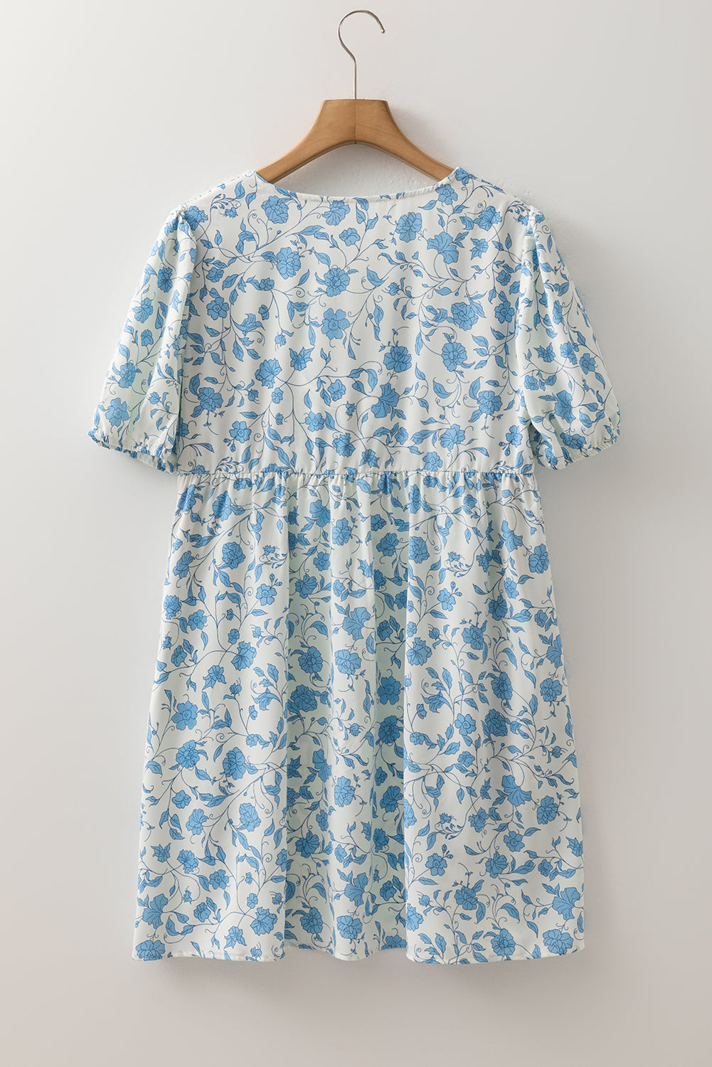 Sky Blue Floral Bow Front Puff Sleeve Mini Dress