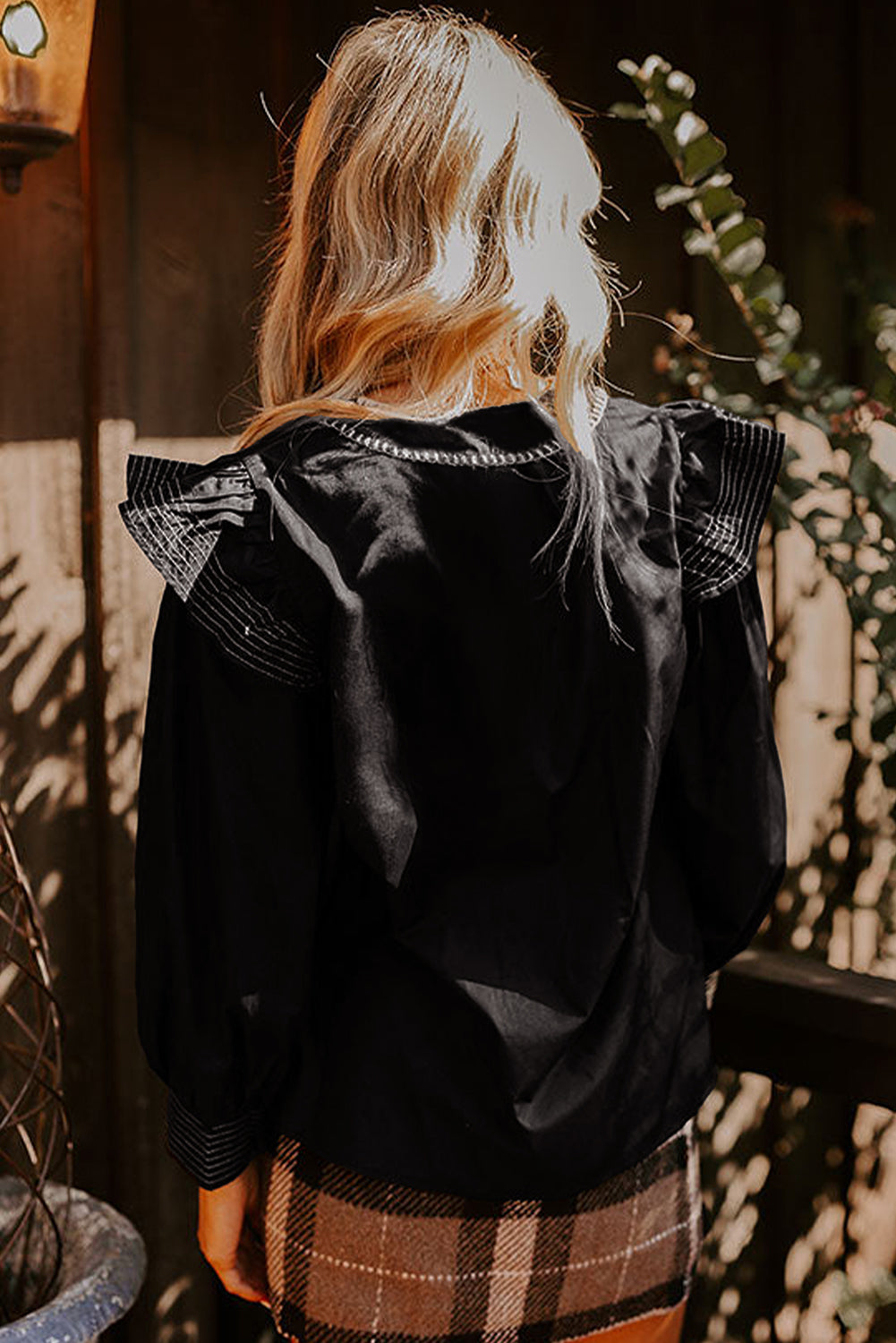 Black Contrast Stitched Detail V Neck Ruffle Long Sleeve Blouse