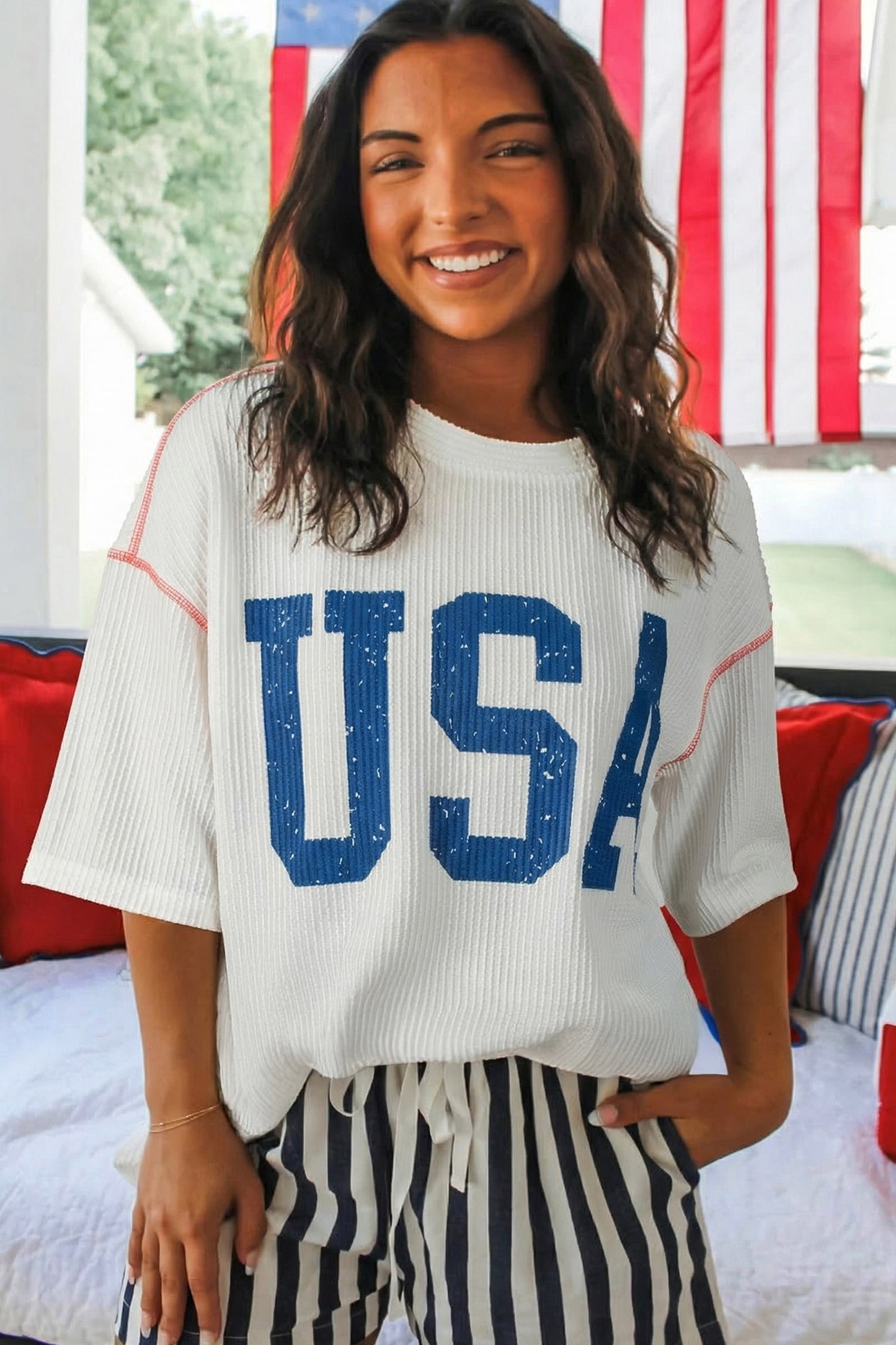 USA Graphic Half Sleeve Loose Ribbed Top -3 COLOR OPTIONS