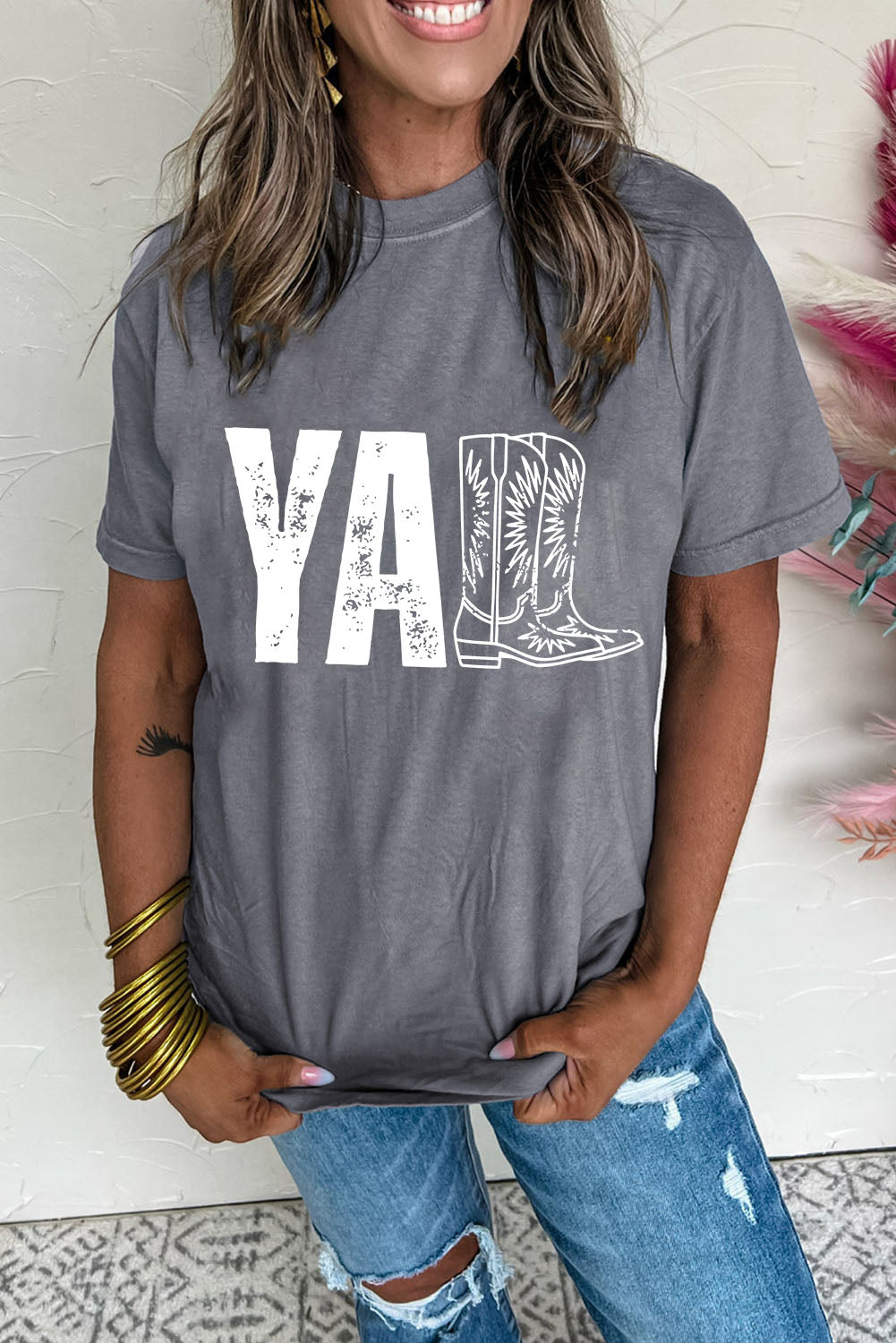 Gray YALL Boots Graphic Fashion Tee