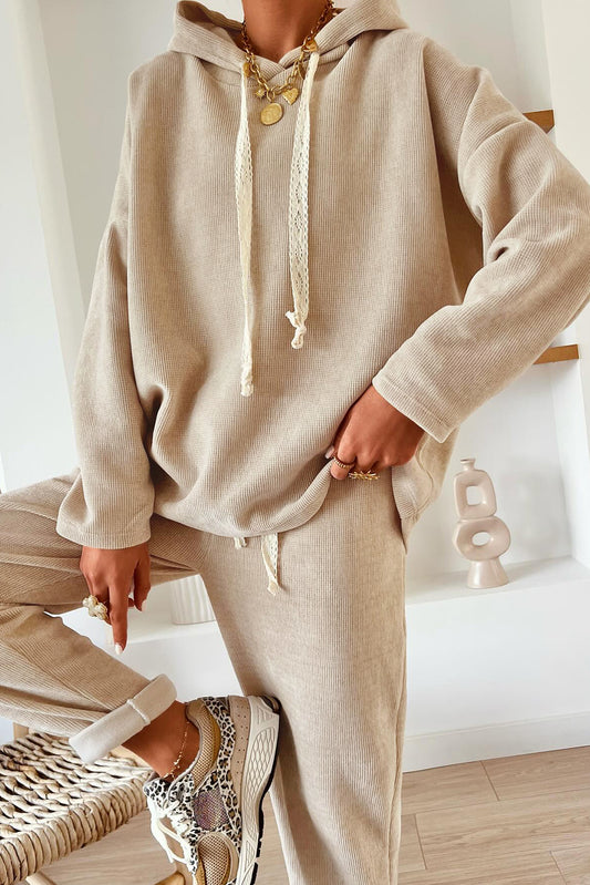 Jet Stream Drawstring Pullover Hoodie and High Waist Pants Corduroy Suit