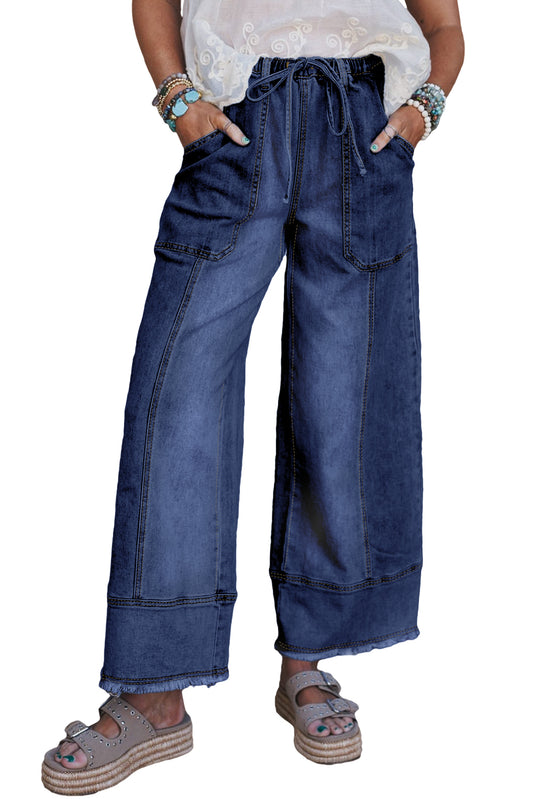 Prussian Blue Drawstring Seam Detail Raw Hem Wide Leg Jeans