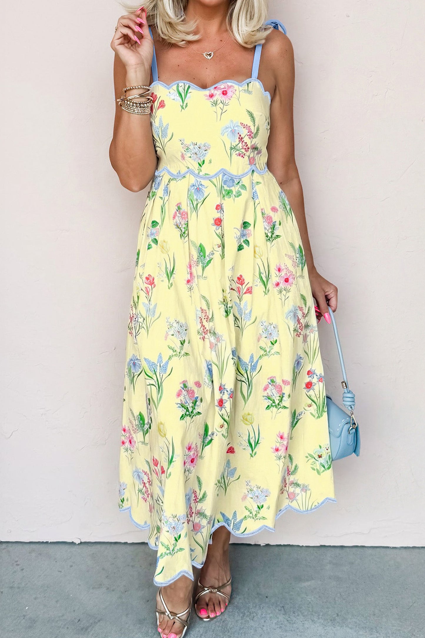 Floral Print Contrast Trim Self-tie Straps High Waist Midi Dress -3 COLOR OPTIONS