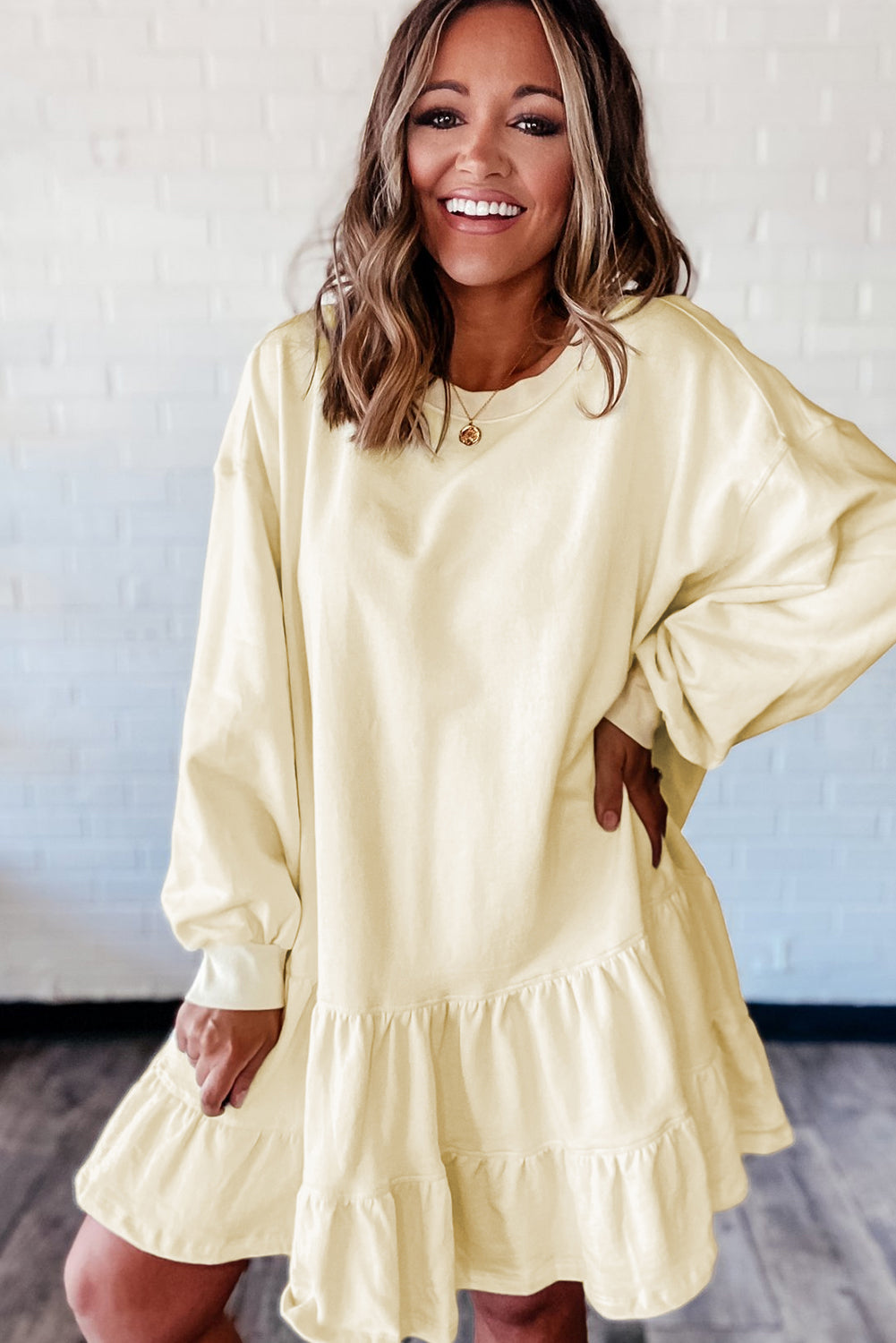 Double Tiered Ruffle Hem Long Sleeve Loose Mini Dress