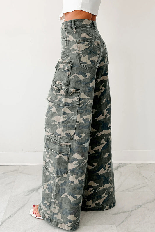 Green Camo Multi Pocket Cargo Wide Leg Jeans