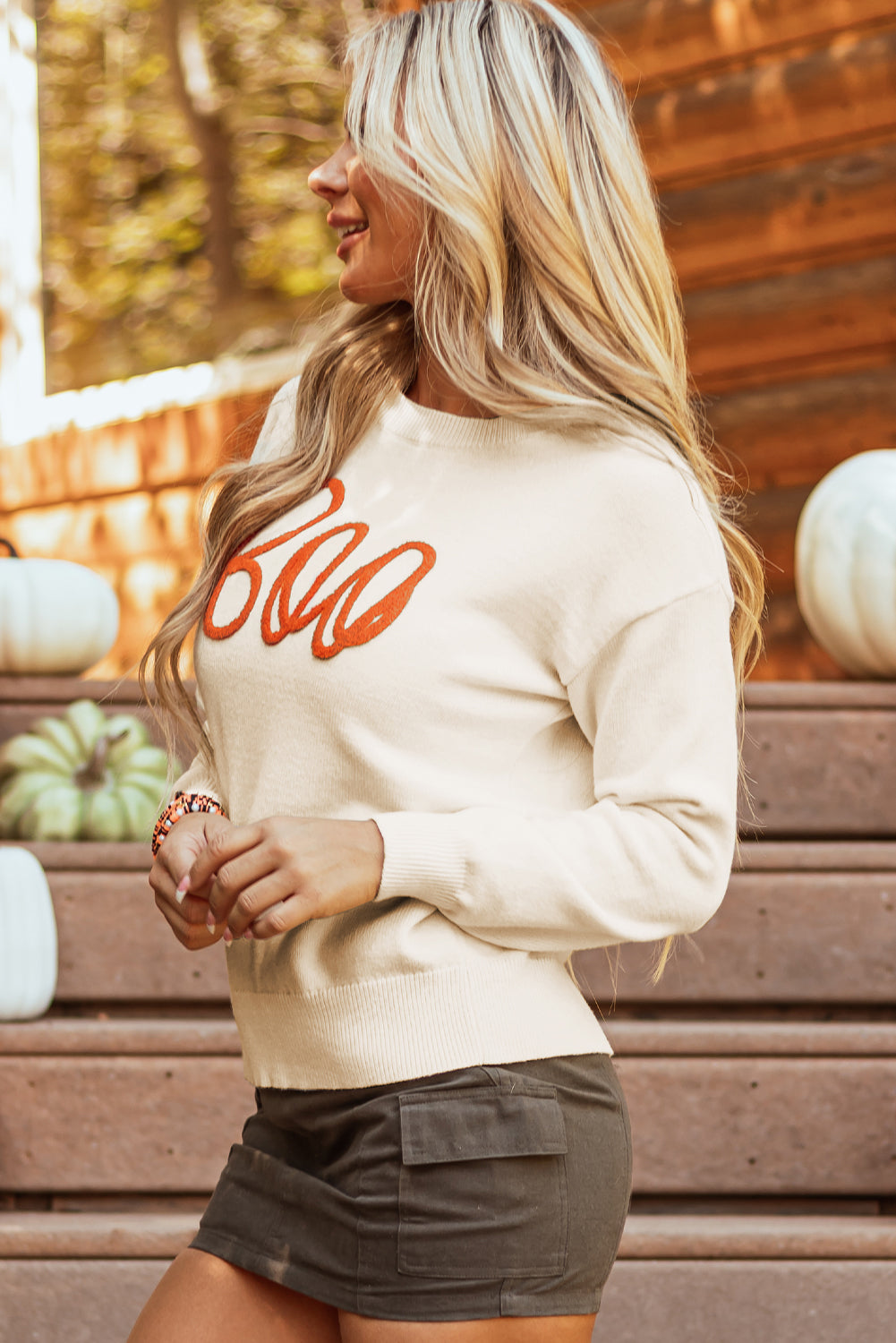 Boo Knitted Pattern Ribbed Edge Drop Shoulder Sweater -2 COLOR OPTIONS