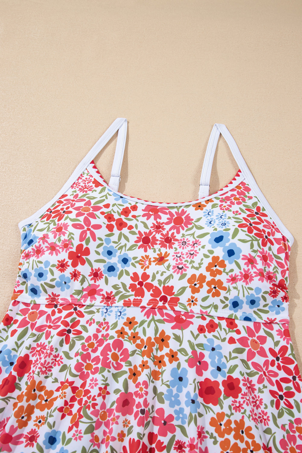 Floral Print Ricrac Trim Spaghetti Strap One Piece Swim Dress -2 COLOR OPTIONS