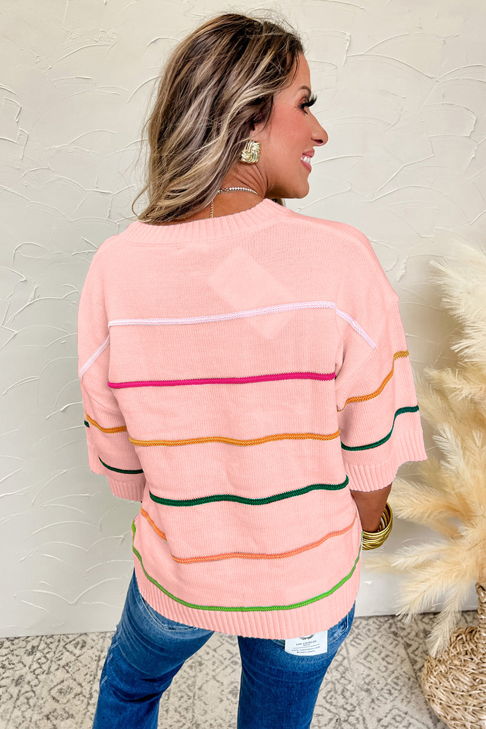 Striped Half Sleeve Drop Shoulder Sweater -3 COLOR OPTIONS