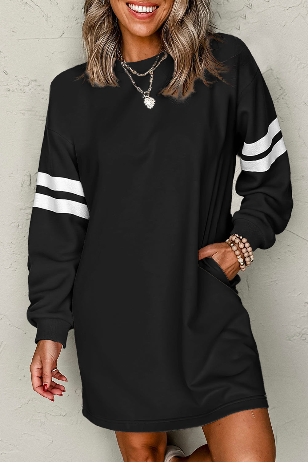 Preppy Striped Sleeve Loose Mini Dress -4 COLOR OPTIONS