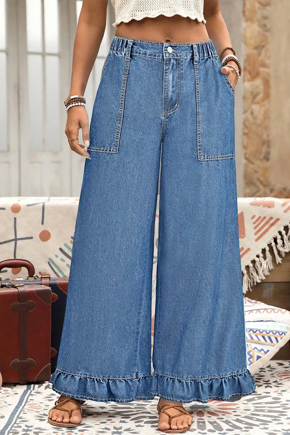 PLUS SIZE -Elastic Waist Ruffled Wide Leg Denim Pants Plus Size -4 COLOR OPTIONS