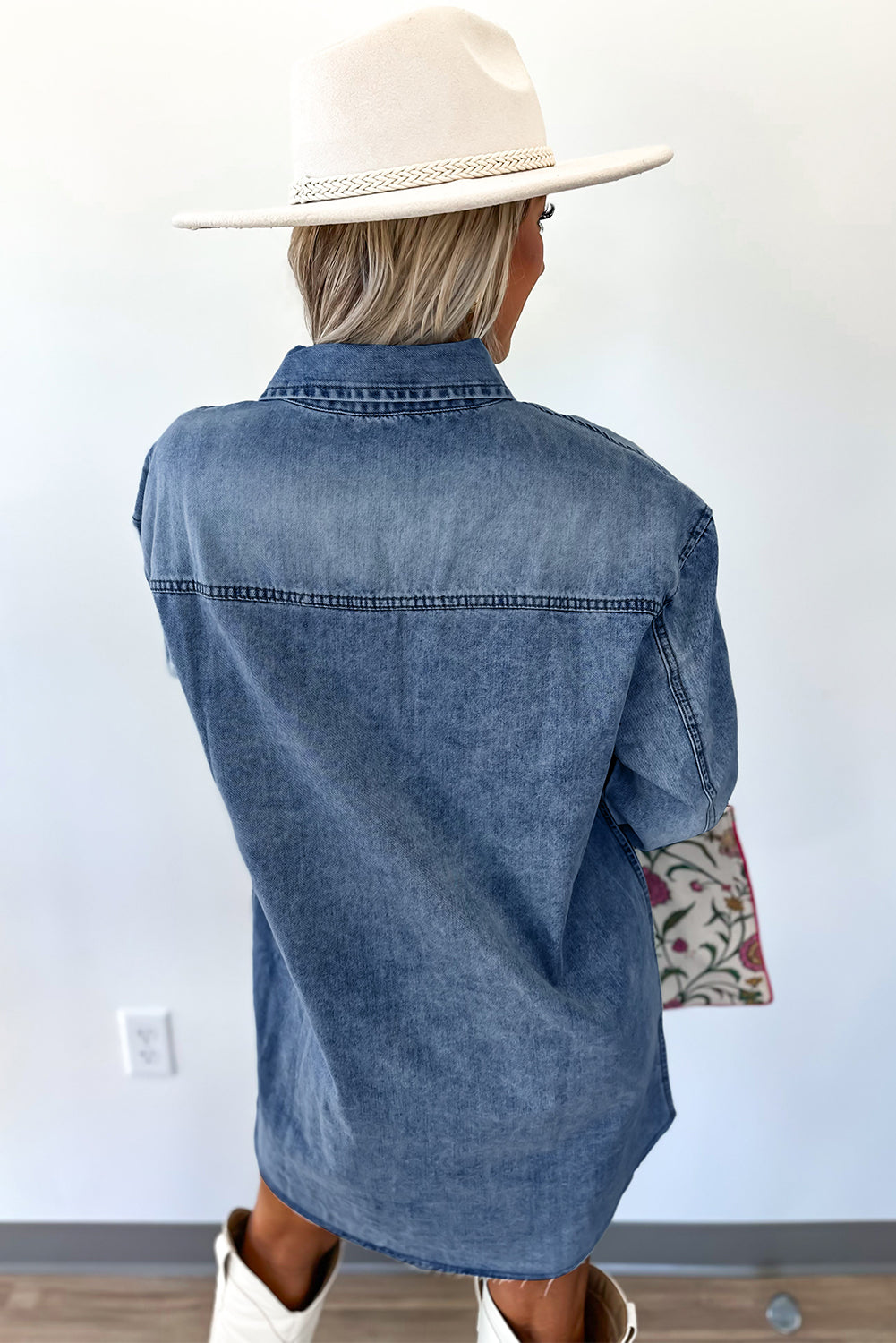 Chest Pocket Raw Hem Denim Loose Shirt Dress -2 COLOR OPTIONS