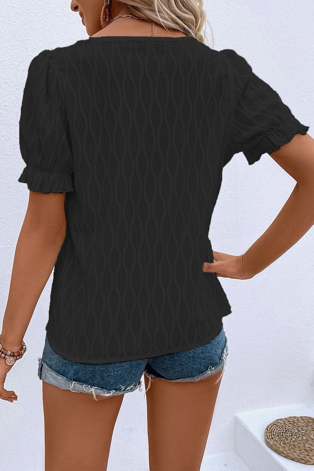 Solid Color Textured Notched Neck Puff Sleeve Blouse -2 COLOR OPTIONS