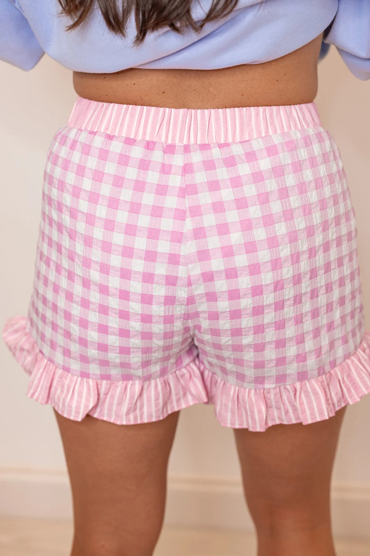 Gingham Print Ruffle Striped Detail Lace Tie Shorts -3 COLOR OPTIONS