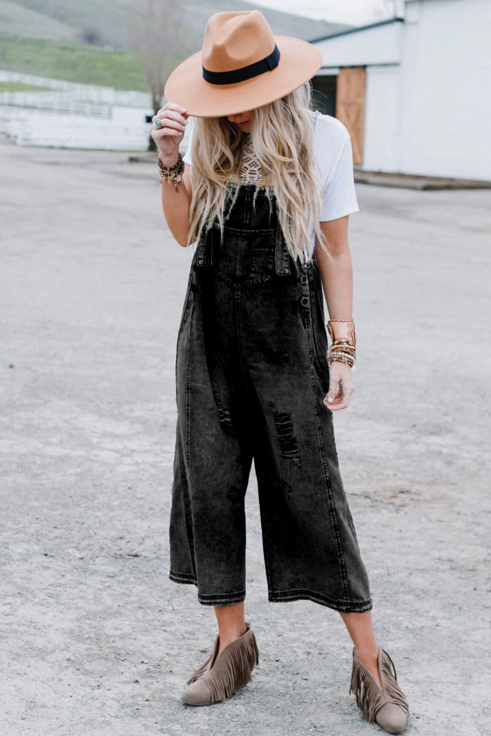 Distressed Bib Pocket Wide Leg Denim Overall -2 COLOR OPTIONS