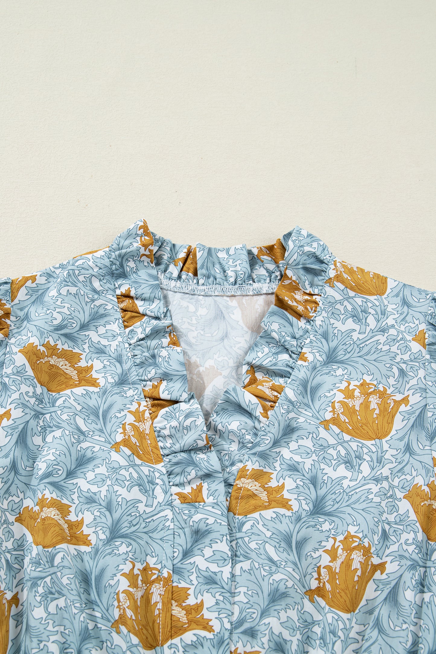 Floral Printed Frilled V Neck Bracelet Sleeve Long Dress -2 COLOR OPTIONS