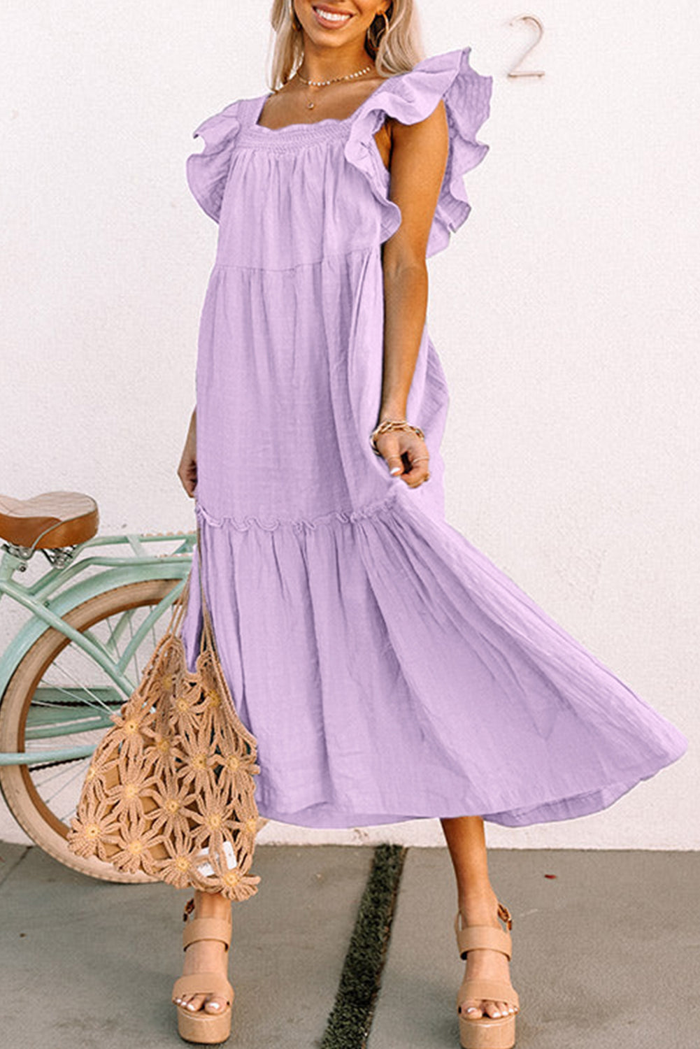 Ruffled Flutter Sleeve Square Neck Textured Tiered Maxi Dress -3 COLOR OPTIONS