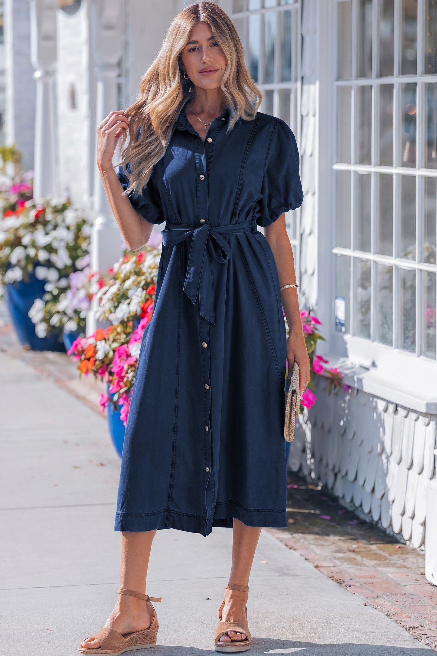 Sail Blue Full Buttons Collared Short Bubble Sleeve Long Denim Dress -2 COLOR OPTIONS