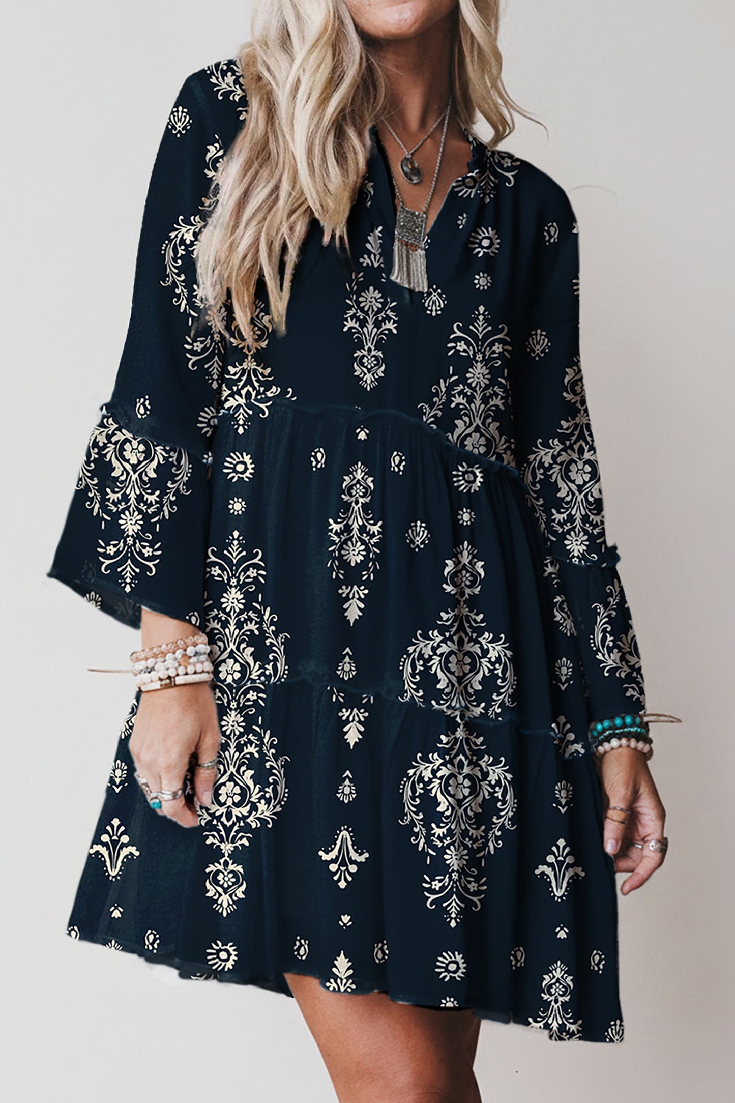Boho Floral Print Lettuce Trim 3/4 Sleeve Mini Dress- 3 COLOR OPTIONS
