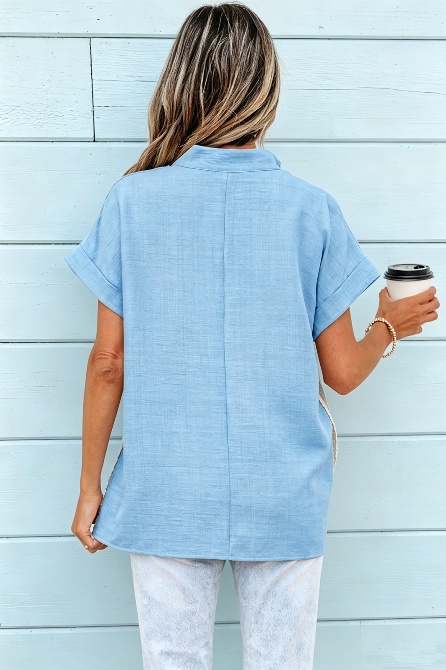 Crochet Lace Accent Pullover Rolled Short Sleeve Blouse -2 COLOR OPTIONS