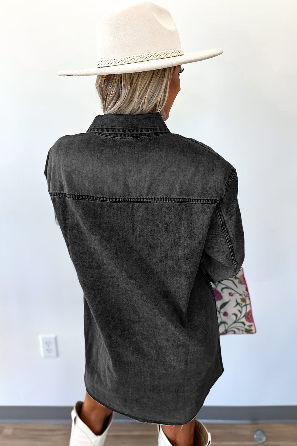 Chest Pocket Raw Hem Denim Loose Shirt Dress -2 COLOR OPTIONS