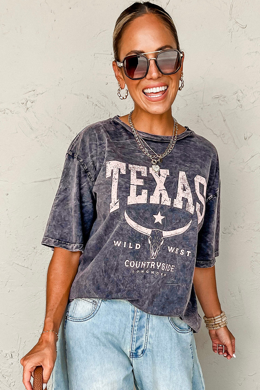 TEXAS Steer Head Graphic Mineral Wash Oversized T Shirt