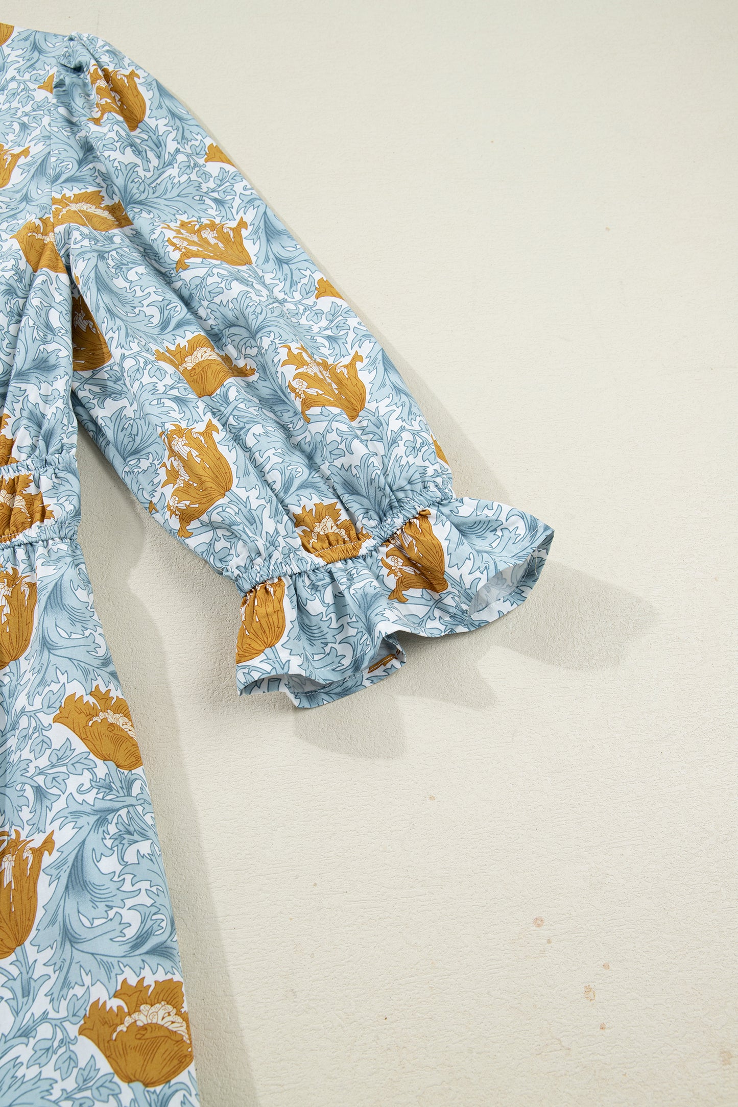 Floral Printed Frilled V Neck Bracelet Sleeve Long Dress -2 COLOR OPTIONS