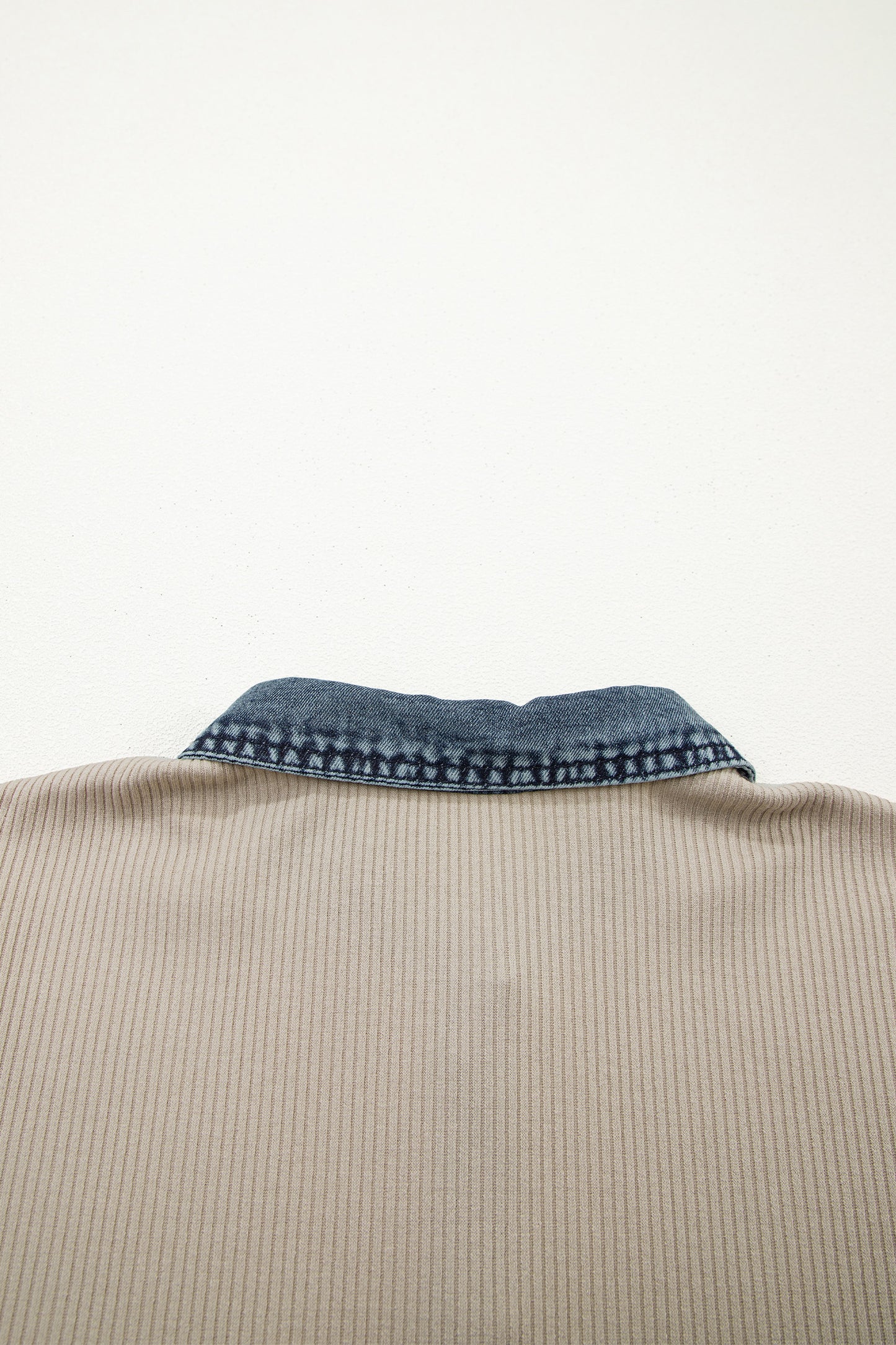 Beige Short Sleeve Ribbed Knit Denim Patchwork Polo Collar Dress