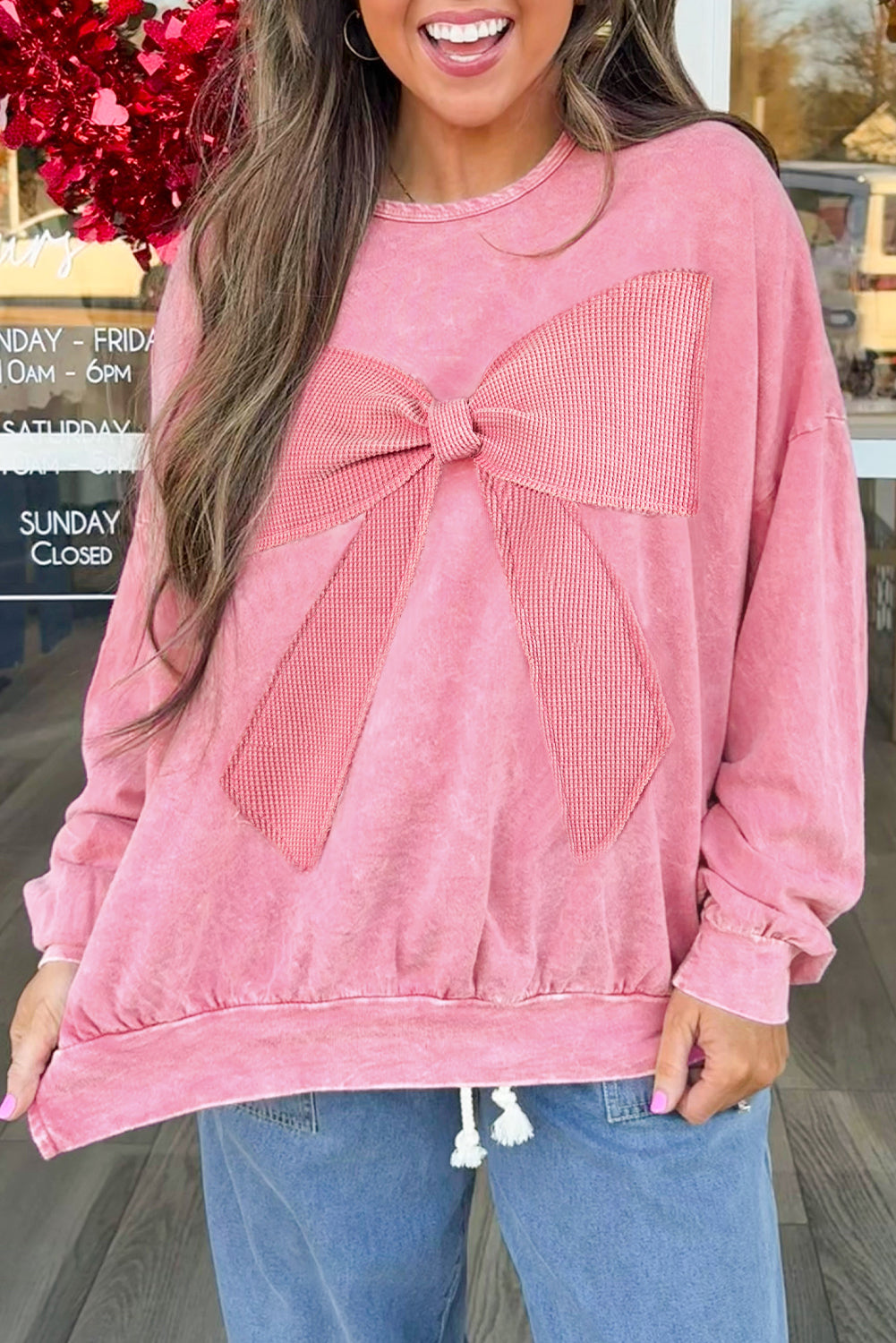 Mineral Wash Waffle Bow Patched Pullover Sweatshirt -2 COLOR OPTIONS