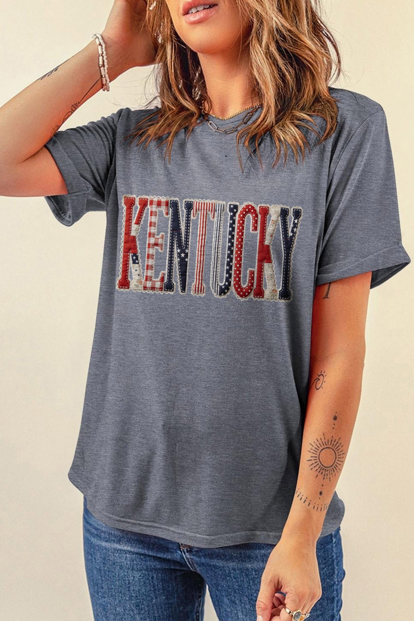 Gray KENTUCKY Mix Pattern Printed Patriotic Tee
