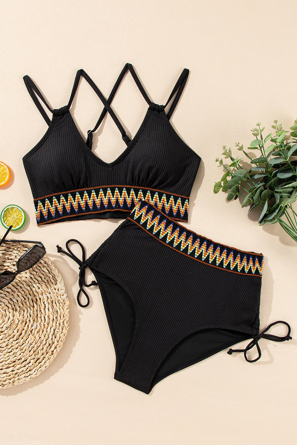Ribbed Knit Tribal Contrast Detail 2pcs High Waist Swimsuit -5 COLOR OPTIONS