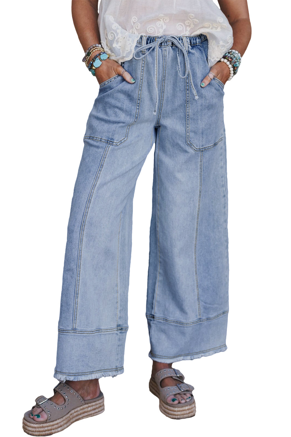 Drawstring Seam Detail Raw Hem Wide Leg Jeans -2 COLOR OPTIONS
