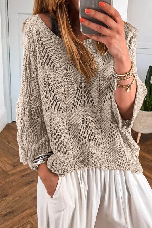 Hollow Out Knit 3/4 Sleeve Casual Sweater -2 COLOR OPTIONS