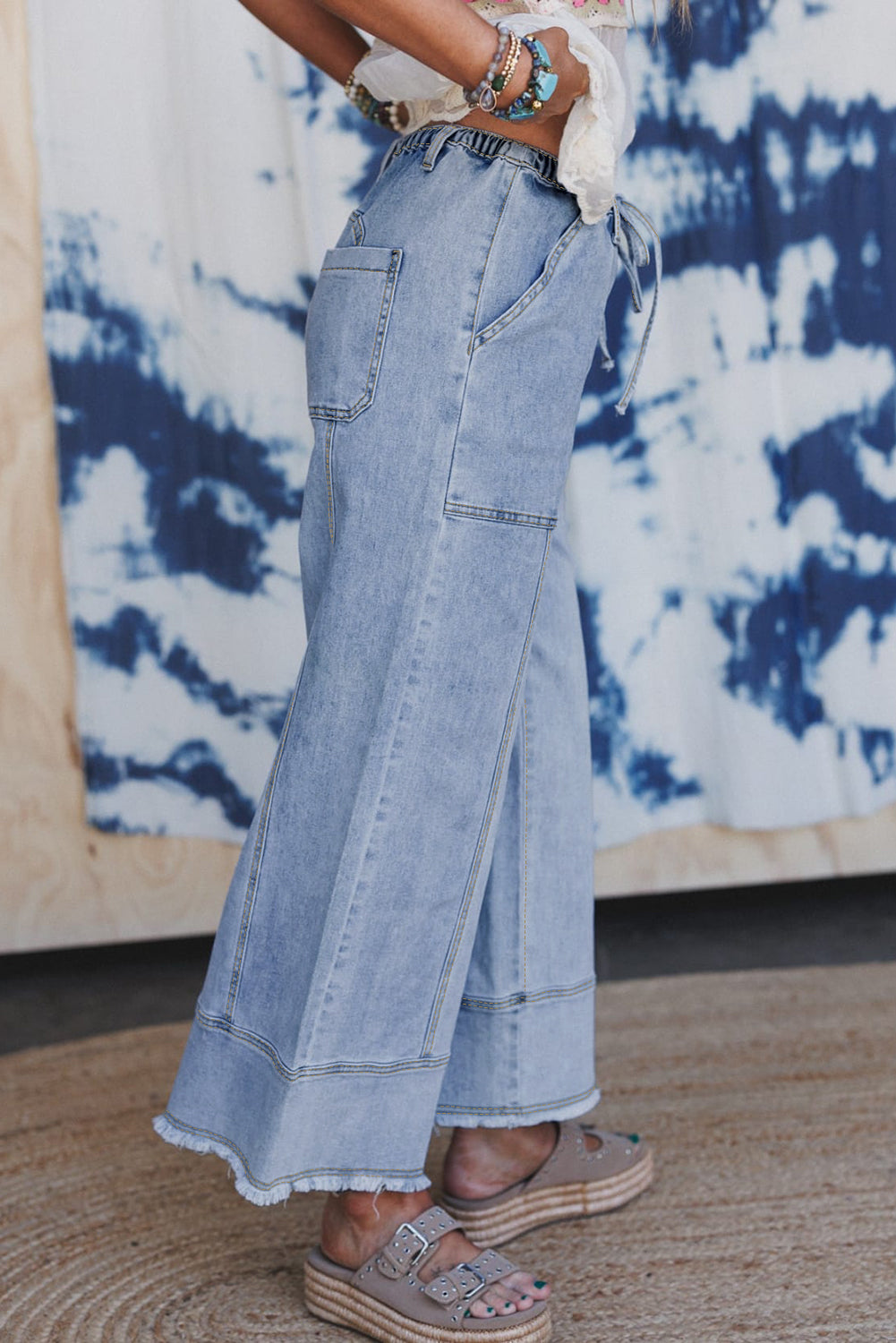 Drawstring Seam Detail Raw Hem Wide Leg Jeans -2 COLOR OPTIONS