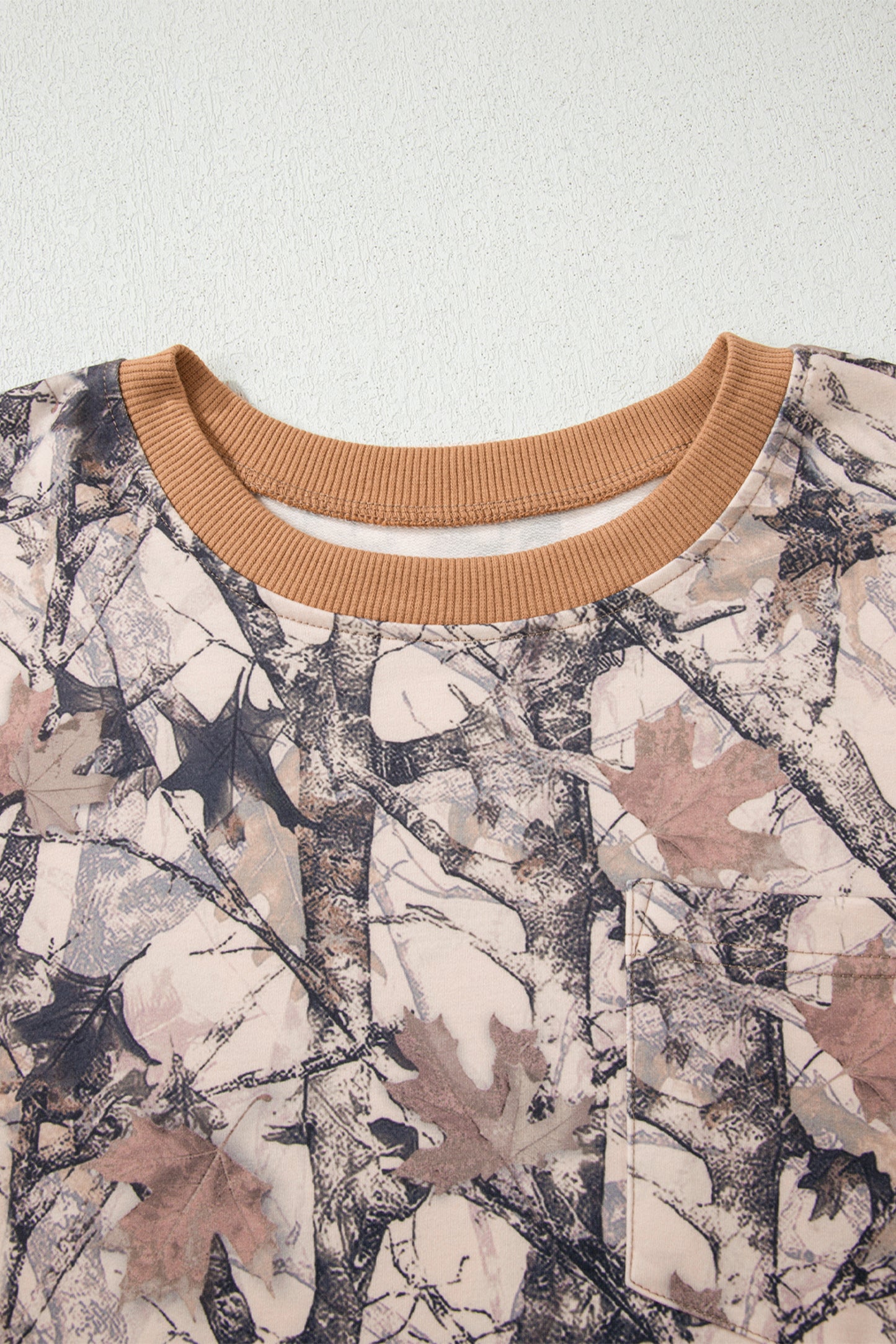 Khaki Camo Print Contrast Trim Long Sleeve Pullover Shorts Set